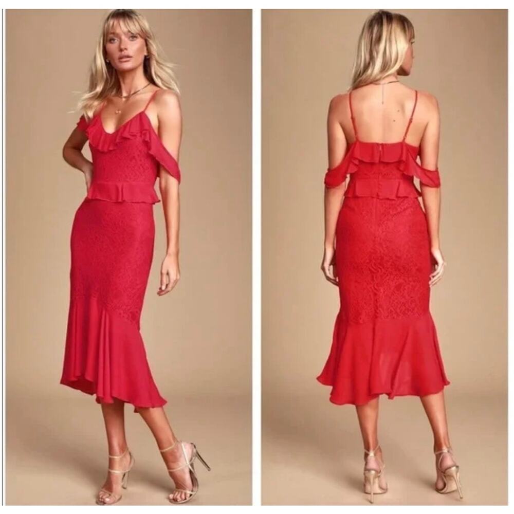 NWT Lulus "Dance of Romance" Red Lace Cold-Shoulder Midi Dress Size S